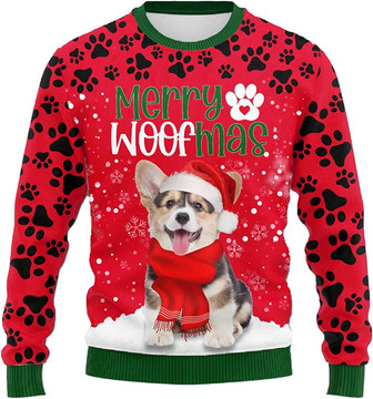 Ugly Christmas Sweaters for Women - Love Dog Merry Woofmas Snow with Paws Mens Sweater Xmas Holiday Crew Neck Shirt83 Corgi04 - Thegiftio UK