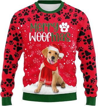 Ugly Christmas Sweaters for Women - Love Dog Merry Woofmas Snow with Paws Mens Sweater Xmas Holiday Crew Neck Shirt83 Golden08 - Thegiftio UK