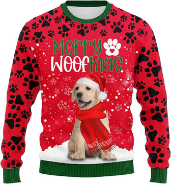 Ugly Christmas Sweaters for Women - Love Dog Merry Woofmas Snow with Paws Mens Sweater Xmas Holiday Crew Neck Shirt83 Labra10 - Thegiftio UK