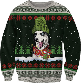 Ugly Christmas Sweaters for Women - Pet with Snow and Christmas Mens Sweater Xmas Holiday Crew Neck Shirt69 Husky09 - Thegiftio UK