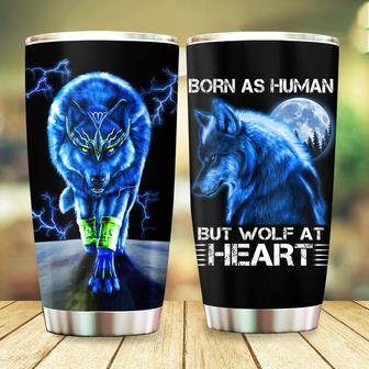 Wolf Tumbler Born As Human But Wolf At Heart Tumbler, Blue Wolf Gifts For Men Dad Papa on Christmas Birthday Fathers Day 20oz Stainless Steel Tumbler Cup with Lid Cold & Hot Water Coffee - Thegiftio UK