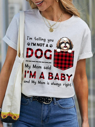 Women's Lover I'm A Baby Best Dog Mom Crew Neck Simple Loose Plaid T-shirt - Thegiftio UK