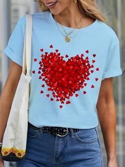Women's Simple Heart Valentine's Day Crew Neck T-shirt - Seseable