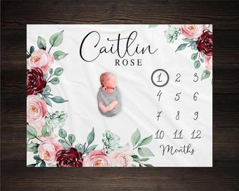 Rose Milestone Blanket For Baby Girl, Floral Growth Track Blanket, Monthly Baby Photo Prop, Rose Theme Baby Shower Gift, Newborn Photography - Seseable