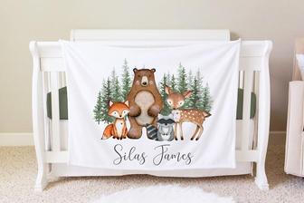 Woodland Blanket, Personalized Baby Blanket Gift, Toddler Blanket, Forest Decor, Toddler Birthday Gift, Woodland Theme, Fox Bear Deer - Seseable