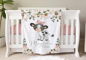 Baby Cow Blanket, Personalized Baby Blanket Gift, Toddler Blanket, Farm Animal Nursery Decor, Toddler Birthday Gift, Cow Theme Blanket - Seseable