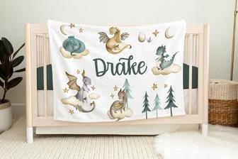Dragon Blanket, Personalized Dragon Baby Blanket, Newborn Coming Home Blanket, New Baby Gift, Dragon Nursery Theme, Dragon Crib Bedding B9 - Seseable