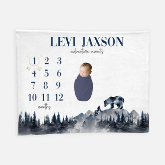 Adventure Awaits Baby Milestone Blanket, Forest Bear Mountains Milestone Blanket, Personalized Baby Blanket, Baby Blanket, Baby Blanket M1 - Seseable