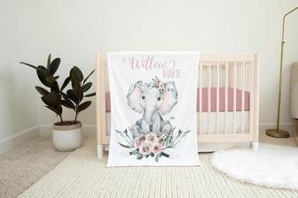 Boho Elephant Blanket, Elephant Crib Bedding, Personalized Baby Blanket, Elephant Nursery Theme, Newborn Blanket, Baby Shower Gift - Seseable