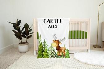 Boy Moose Blanket, Moose Crib Bedding, Personalized Baby Blanket, Moose Nursery Theme, Baby Shower Gift, Woodland Blanket W12 - Seseable