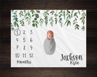 Greenery Milestone Blanket, Monthly Growth Tracker, Personalized Baby Blanket, Custom Blanket, Baby Shower Gift, New Baby Gift - Seseable