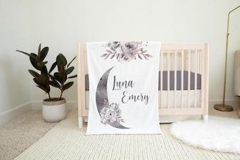 Luna Blanket, Personalized Monochrome Moon Baby Blanket, Newborn Coming Home Blanket, New Baby Gift, Celestial Bedding, Luna Blanket T13 - Seseable