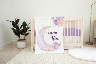 Luna Blanket, Personalized Moon and Stars Baby Blanket, Newborn Coming Home Blanket, New Baby Gift, Celestial Bedding, Girl Luna Blanket T8 - Seseable