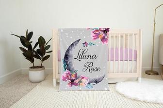 Luna Blanket, Personalized Moon and Stars Baby Blanket, Newborn Coming Home Blanket, New Baby Gift, Celestial Bedding, Girl Luna Blanket T14 - Seseable