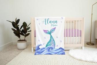 Mermaid Baby Blanket, Mermaid Tail Blanket, Mermaid Nursery, Ocean Life Nursery, Mermaid Bedding, Personalized Mermaid Blanket O4 - Seseable
