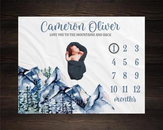Mountain Baby Milestone Blanket, Monthly Growth Tracker, Personalized Baby Blanket, Custom Blanket New Baby Gift, Baby Boy - Seseable