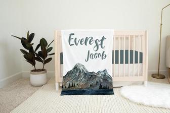 Mountains Baby Blanket, Personalized Baby Blanket, Mountains Nursery Theme, Mountain Lake Blanket, Baby Shower Gift, Mountain Crib Decor M4 - Seseable