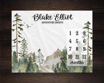 Mountains Milestone Blanket, Monthly Growth Tracker, Personalized Baby Blanket, Custom Blanket, Baby Shower Gift, New Baby Gift, Baby Boy - Seseable
