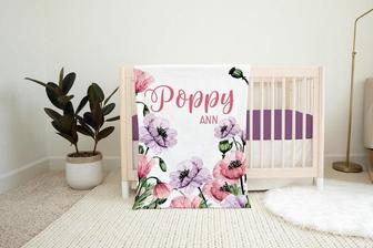 Pink and Purple Poppy Girl Blanket, Poppy Floral Crib Bedding, Personalized Baby Blanket, Floral Nursery Theme, Baby Shower Gift, Poppy F15 - Seseable