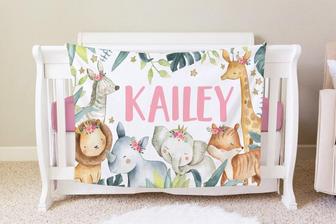 Safari Blanket, Personalized Baby Blanket Gift, Toddler Blanket, Jungle Nursery, Toddler Birthday Gift, Elephant Giraffe | Seseable CA