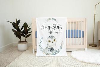 Snowy Owl Nursery Baby Blanket, Owl Baby Blanket, Snowy Owl Blanket, Owl Nursery Theme, Owl Crib Bedding, New Baby Gift W22 - Seseable