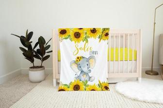 Sunflower Elephant Blanket, Elephant Crib Bedding, Personalized Baby Blanket, Elephant Nursery Theme, Sunflower Baby Blanket, Elephant - Seseable