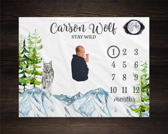 Wolf Baby Milestone Blanket, Monthly Growth Tracker, Personalized Baby Blanket, Custom Blanket New Baby Gift, Baby Boy - Seseable