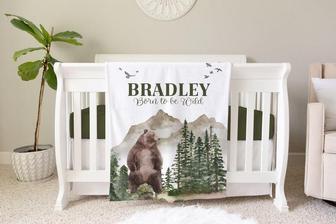 Woodland Bear Blanket, Personalized Bear Baby Blanket Gift, Toddler Blanket, Forest Decor, Toddler Birthday Gift, Born To Be Wild, Woodland - Seseable