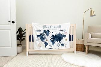 World Map Baby Blanket, Personalized Baby Blanket, Adventure Nursery Theme, Newborn Blanket, Baby Shower Gift, Adventure Map Blanket T1 - Seseable