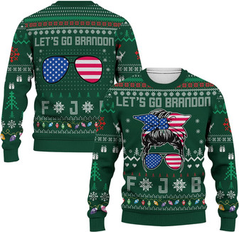 All Over Print Sweatshirt For Christmas Let's Go Brandon Messy BunChristmas Ugly Sweater - Thegiftio UK
