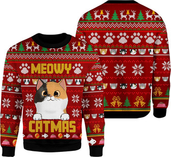 All Over Print Sweatshirt For Christmas Meowy Catmas Cat Christmas Sweater CuteChristmas Ugly Sweater - Thegiftio UK