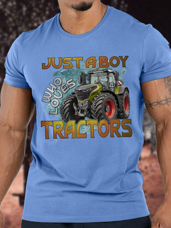 Men's Just A Boy Who Loves Tractors Funny Graphic Print Casual Loose Text Letters T-shirt - Thegiftio