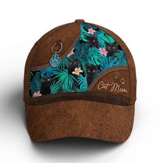 Black Cat Tropical Leaves Leather Style Baseball Cap Hat - Thegiftio UK