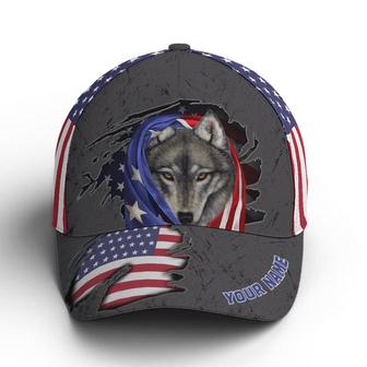 Custom Name American Flag Grey Wolf Metal Style Baseball Cap Hat - Thegiftio UK