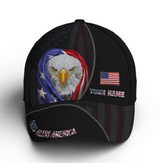 Custom Name Bless America Eagle With Flag Baseball Cap Hat - Thegiftio UK