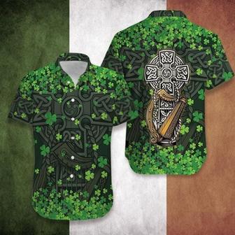 Hawaiian Aloha Shirts, Irish St Patrick's Day The Celtic Cross Harp, St Patrick's Day Hawaiian shirt - Seseable