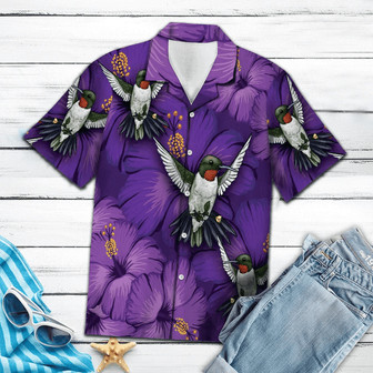 Blossom Purple Hibiscus With Hummingbird Hawaiian Shirt | Seseable UK