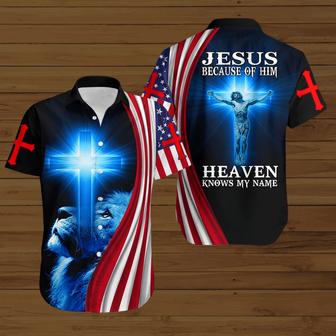 Jesus because of him heaven knows my name American Flag blue lion Short Sleeve Hawaiian Shirt - Seseable