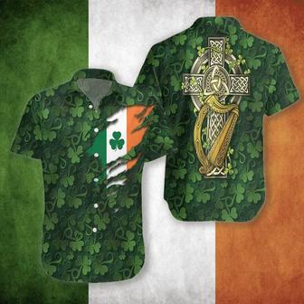 Saint Patrick's Day Shamrock Celtic Cross Harp Irish Hawaiian Shirt - Seseable