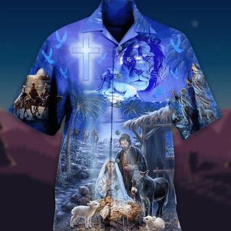 Lion With Jesus Was Born In Farm Blue Hawaiian Shirt - Seseable
