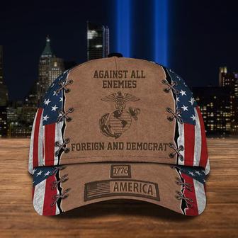 Marine Corps Against All Enemies Foreign And Democrat Hat USMC 1776 America USA Flag Cap Hat - Thegiftio UK