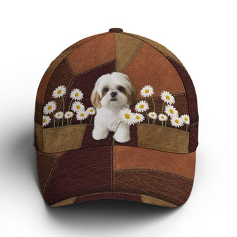 Shih Tzu With Daisies Classic Leather Baseball Cap Hat - Thegiftio UK