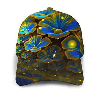 Blue Golden Flower Print Casual Baseball Cap Adjustable Twill Sports Dad Hats for Unisex Hat - Thegiftio