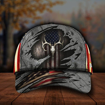 Deer Skull Hunting American Flag Cap Deer Hunter Cap Hat All Over Printed, Cap Gift, American Flag Cap Hat - Thegiftio UK