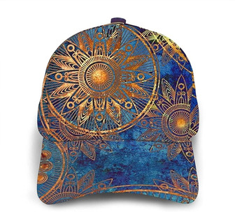 Golden Flower Blue Background Print Casual Baseball Cap Adjustable Twill Sports Dad Hats for Unisex Hat - Thegiftio UK