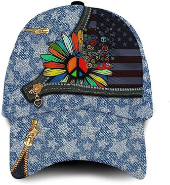 Hippie American Flag Flower Star Zipper Blue Printed Unisex Hat Classic Cap, Snapback Cap Hat - Thegiftio UK