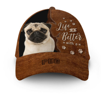 Life Is Better With Pug Leather Hat Classic Cap Hat - Thegiftio UK