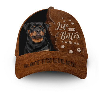 Life Is Better With Rottweiler Dog Leather Hat Classic Cap Hat - Thegiftio UK