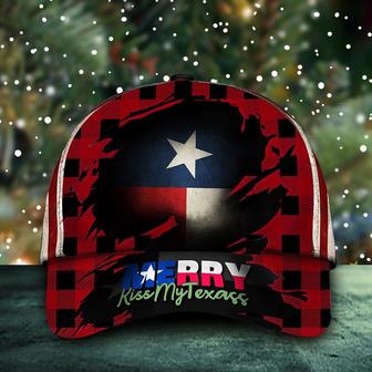 Merry Kiss My Texass Hat Red Plaid Buffalo USA Texas Flag Cap Best Christmas 2021 Gifts Hat - Thegiftio UK