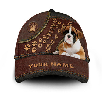 Personalized Footprint Boxer Dog Leather Hat Classic Cap Hat - Thegiftio UK